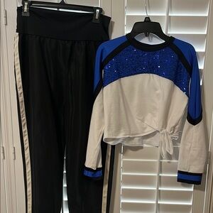 Blue and White Sequin Top with Black Hip Hop Costume Pants Set